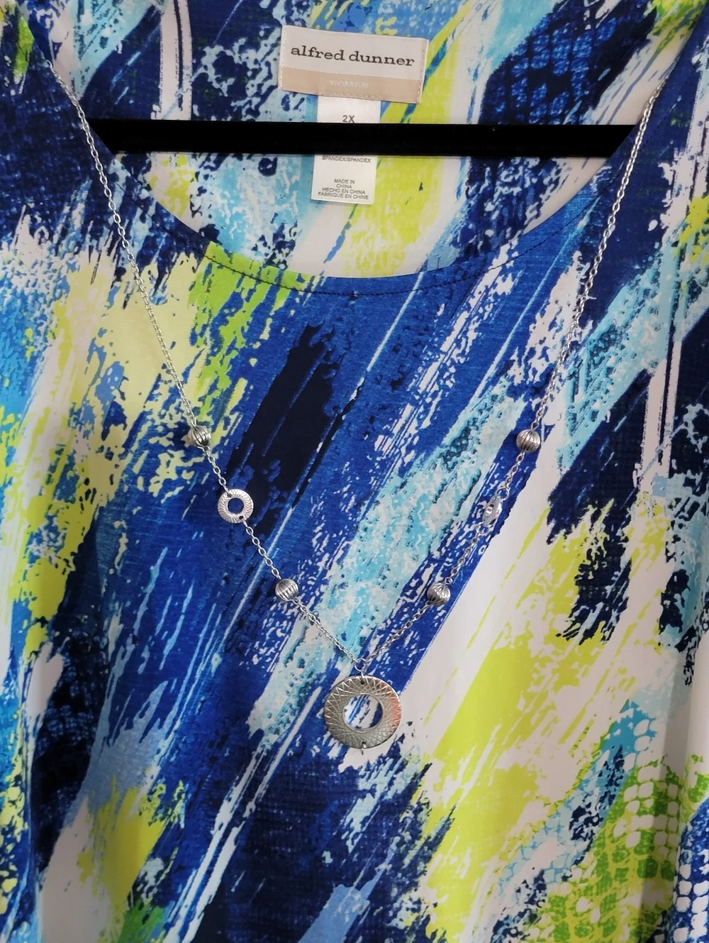 Alfred Dunner Blue, Lime & White Abstract Brushstroke Tunic w/ Necklace - Picture 2 of 6